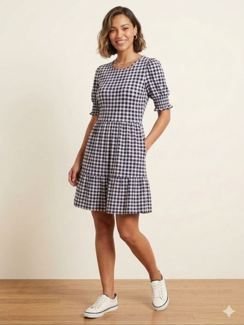 Draper James Lee Ann Gingham Tiered Dress Navy White Preppy Americana Size S